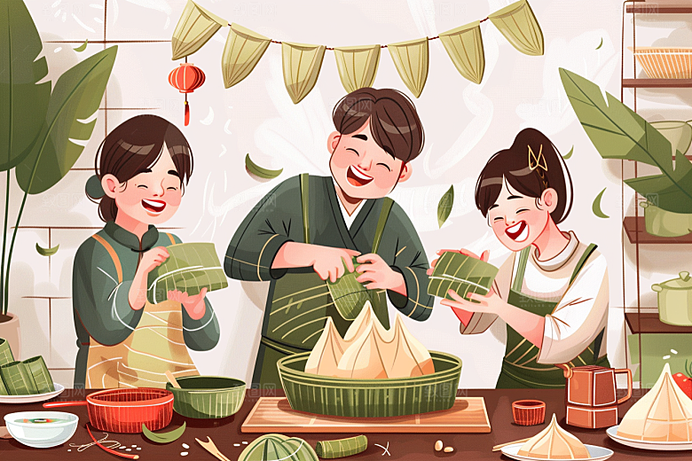 端午包粽子小吃糯米插画
