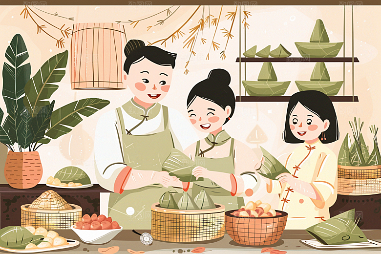 端午包粽子习俗糯米插画