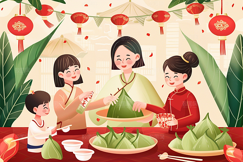 端午包粽子温馨高清插画