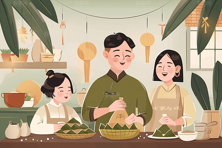 端午包粽子手绘美食插画