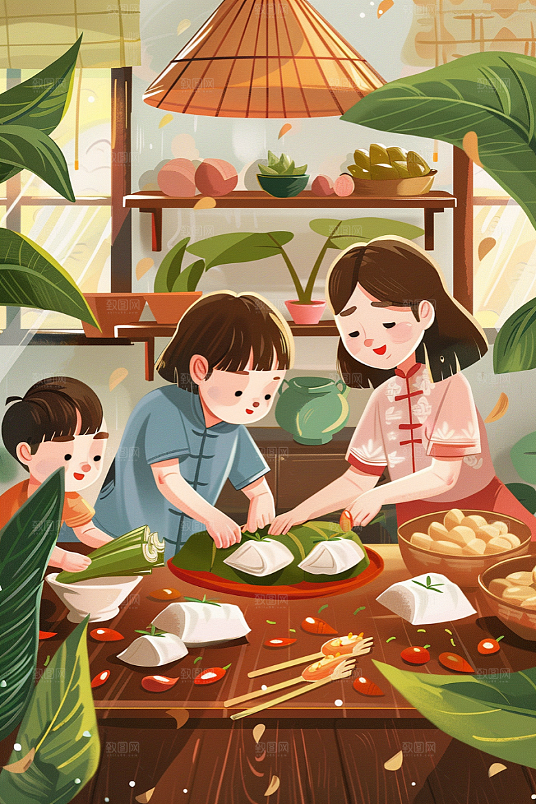 端午包粽子温馨端午节插画