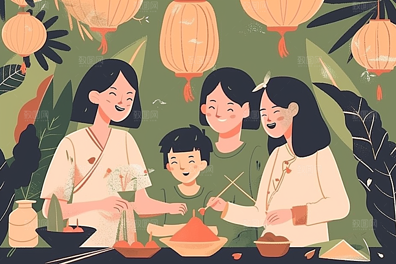 端午包粽子粽叶幸福插画
