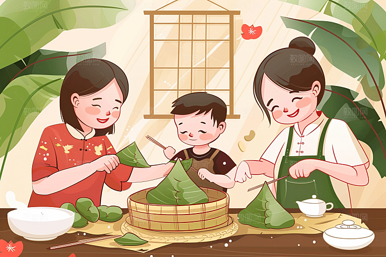 端午包粽子小吃习俗插画