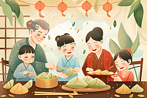 端午包粽子手绘美食插画