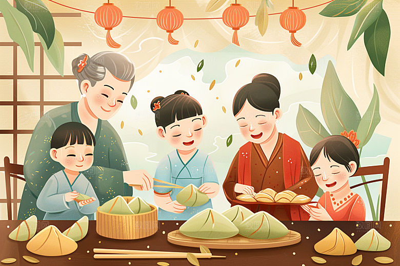 端午包粽子手绘美食插画