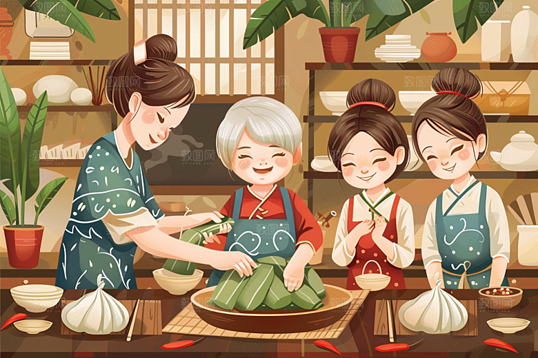 端午包粽子节日幸福插画