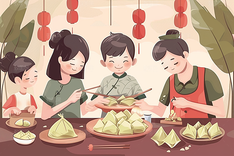 端午包粽子幸福端午节插画