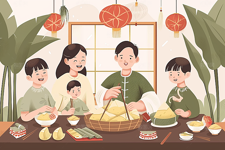 端午包粽子温馨传统文化插画