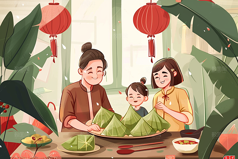端午包粽子糯米手绘插画