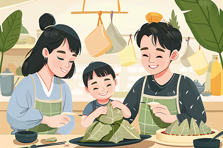 端午包粽子温馨阖家团聚插画