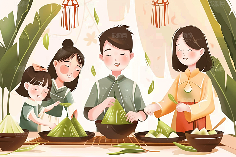端午包粽子美味节日氛围插画