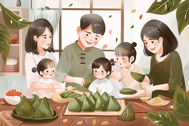 端午包粽子节日氛围温馨插画