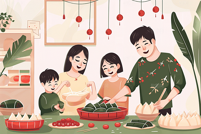 端午包粽子手绘阖家团聚插画