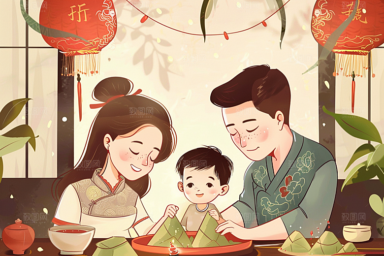 端午包粽子粽叶美食插画