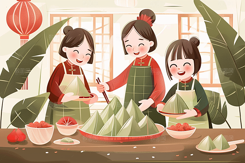 端午包粽子端午节美食插画