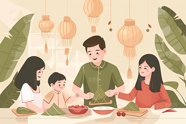 端午包粽子阖家团聚粽叶插画