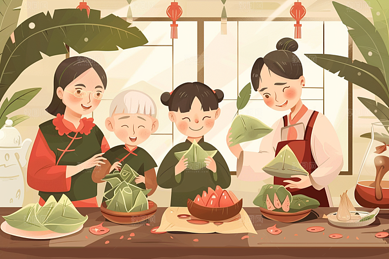端午包粽子糯米节日氛围插画