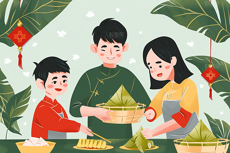 端午包粽子幸福习俗插画