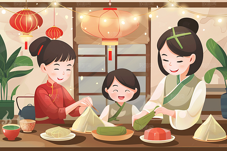 端午包粽子美味传统文化插画