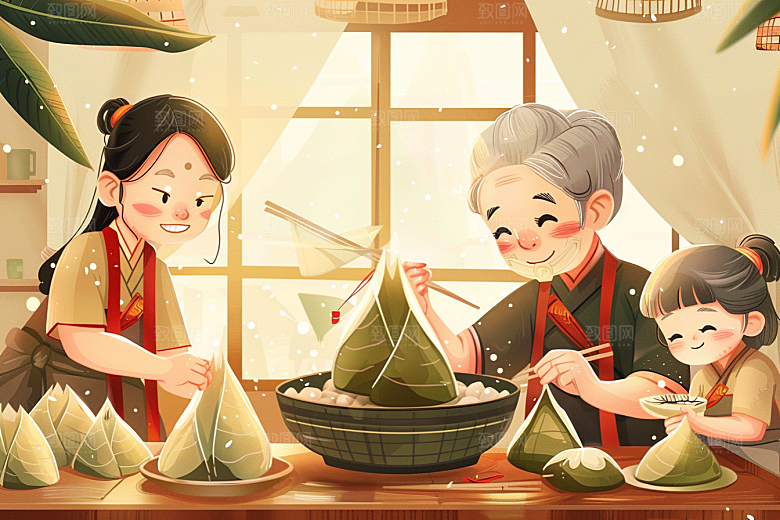 端午包粽子美味节日氛围插画