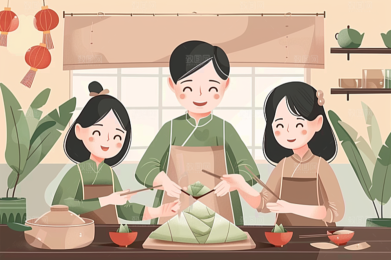 端午包粽子粽叶手绘插画