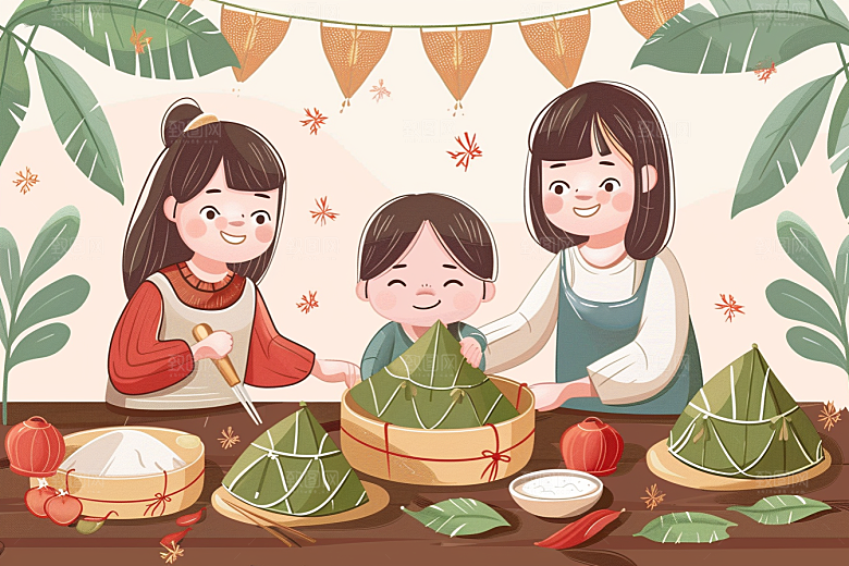 端午包粽子美味粽叶插画