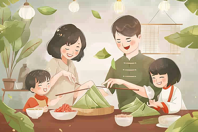 端午包粽子美味温馨插画