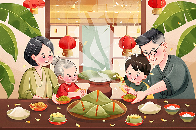 端午包粽子端午节幸福插画