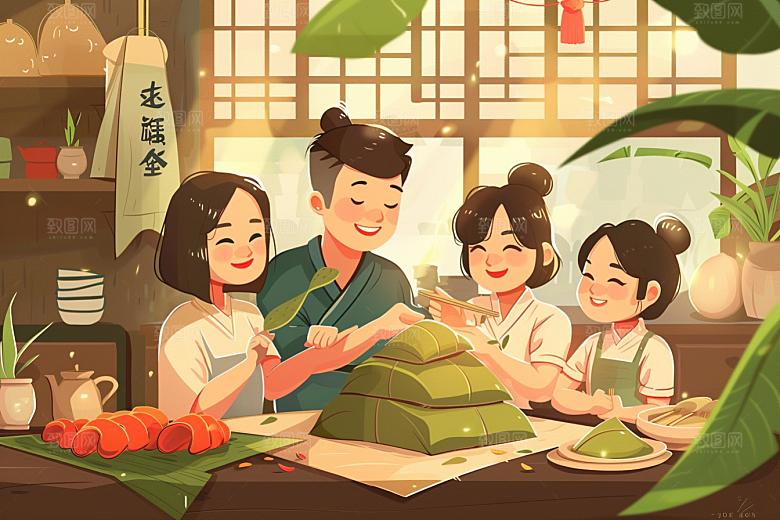 端午包粽子小吃手绘插画