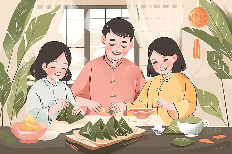 端午包粽子幸福高清插画