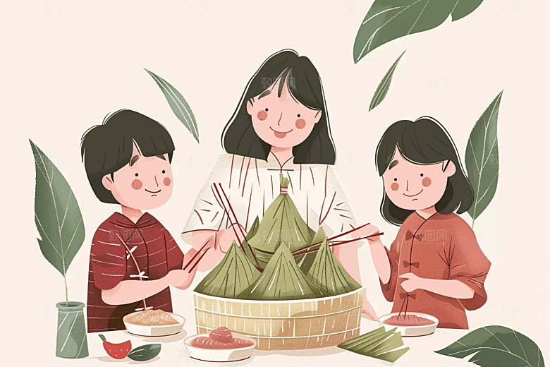 端午包粽子节日温馨插画