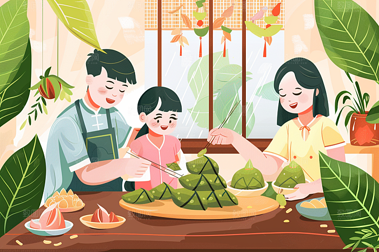 端午包粽子美味习俗插画