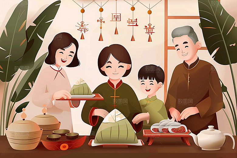 端午包粽子端午节手绘插画