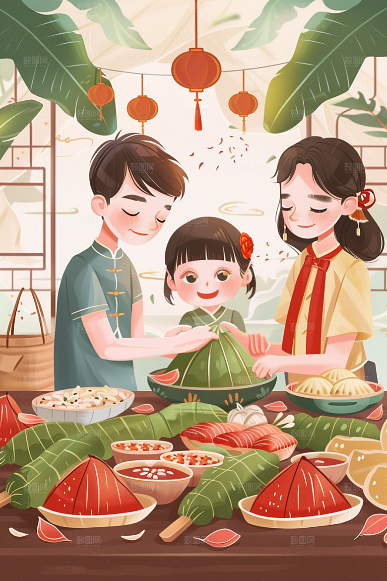 端午包粽子温馨粽叶插画
