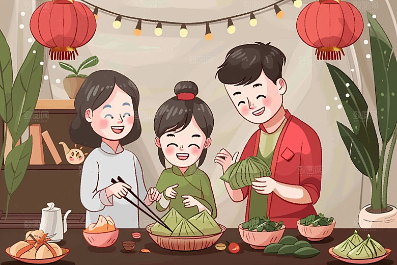 端午包粽子习俗美食插画