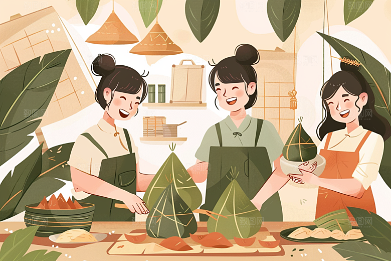 端午包粽子温馨幸福插画