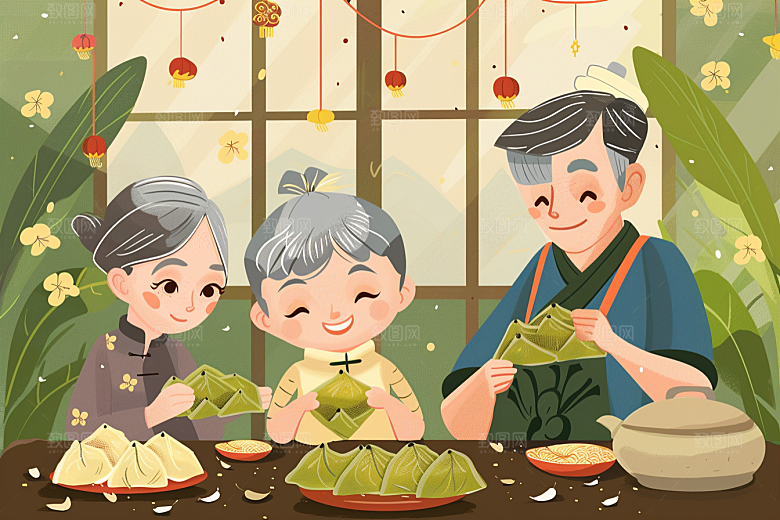 端午包粽子阖家团聚节日插画