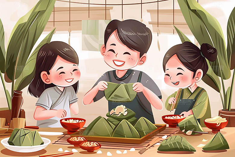 端午包粽子粽叶小吃插画