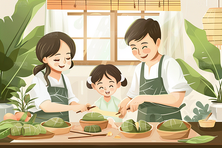 端午包粽子传统文化温馨插画