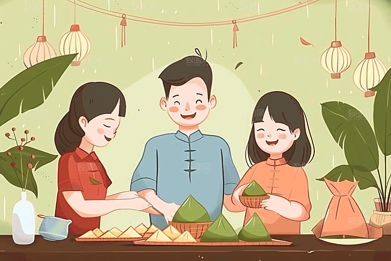 端午包粽子端午节高清插画