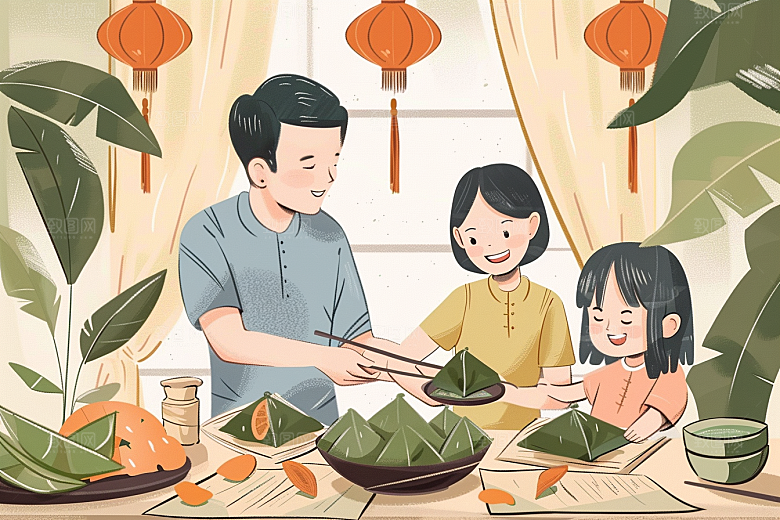 端午包粽子美食节日氛围插画
