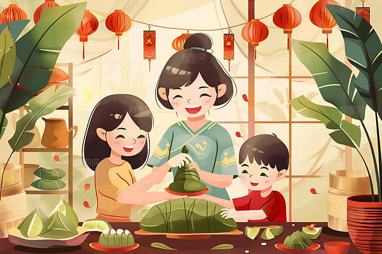 端午包粽子手绘习俗插画