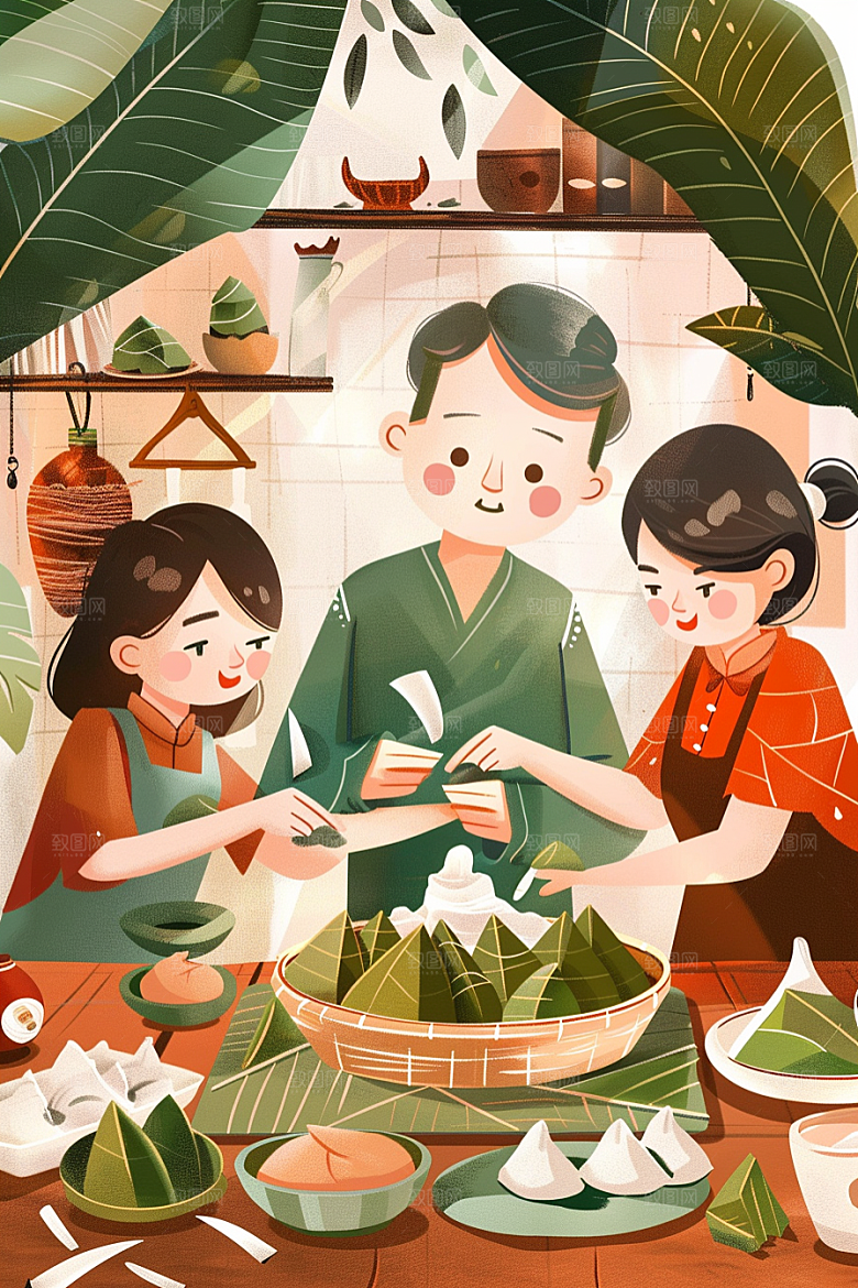 端午包粽子幸福小吃插画