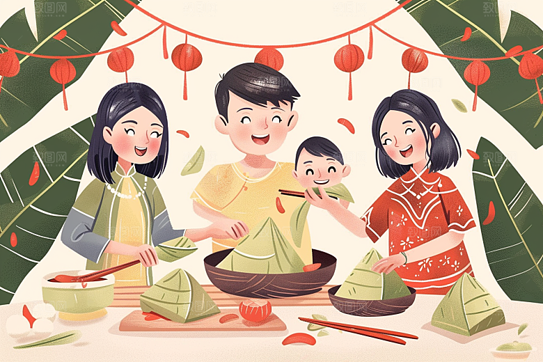 端午包粽子温馨高清插画