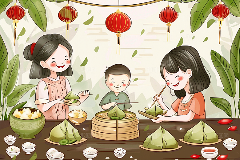 端午包粽子美食手绘插画