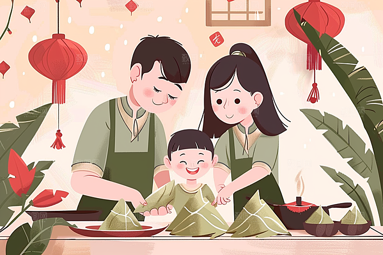 端午包粽子粽叶手绘插画