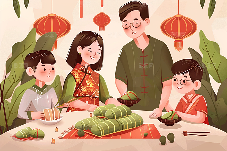 端午包粽子高清节日氛围插画