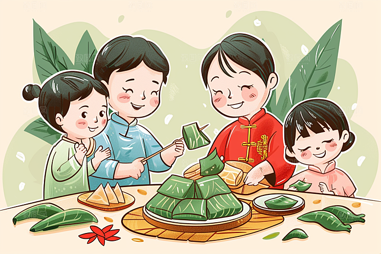 端午包粽子幸福节日氛围插画