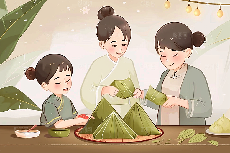 端午包粽子节日幸福插画