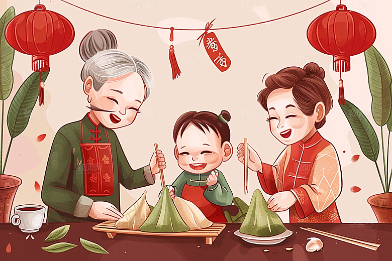 端午包粽子习俗美食插画